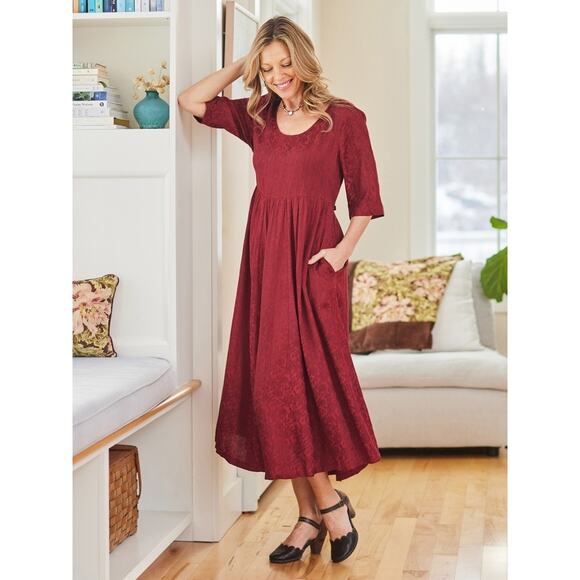 April Cornell Womens Rich Red Jacquard Court Midi Dress Medium Belted - Picture 1 of 8